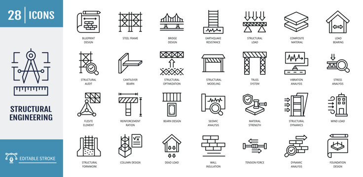 structural engineering icon set. Including load bearing, structural integrity, beam design. outline icon set. vector illustration with editable stroke