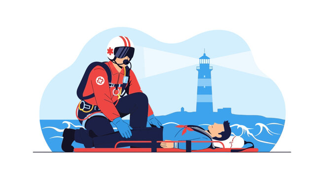 Rescuer in uniform with lighthouse and sea, saving person on stretcher, emergency rescue operation