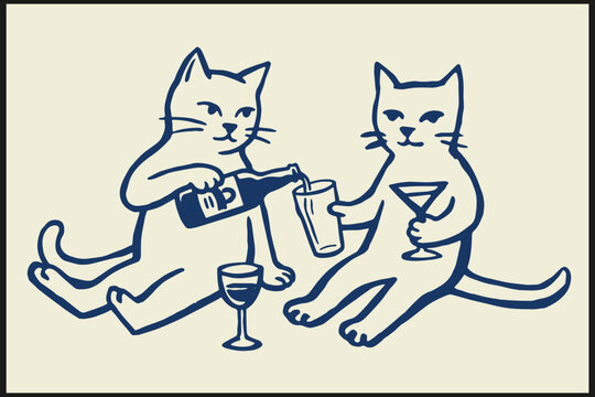 Two cats drinking together with bottle, martini glass, and wine glass in simple blue ink drawing on light background showing humorous anthropomorphic social scene