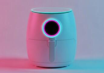 Obraz premium Modern White Air Fryer with Futuristic Neon LED Lighting and Digital D