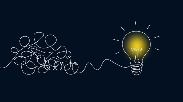 Creative Problem Solving Line Art Concept With Glowing Light Bulb. Minimal continuous line tangled chaotic scribble transforming into a glowing bulb idea.