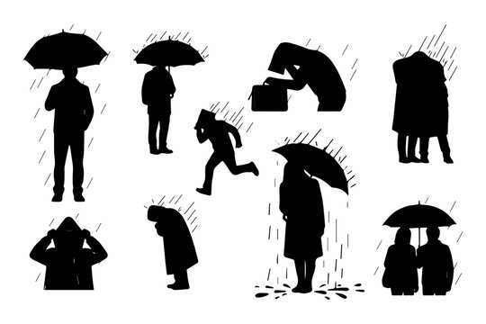 Person Covering from Rain Silhouette Vector Set with Umbrella Weather Protection Concept