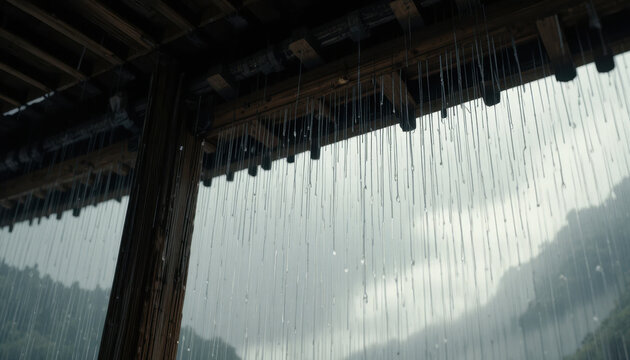 Rainwater drips from wooden structure, creating serene atmosphere. cloudy sky and distant mountains enhance tranquil scene, evoking sense of calm and reflection