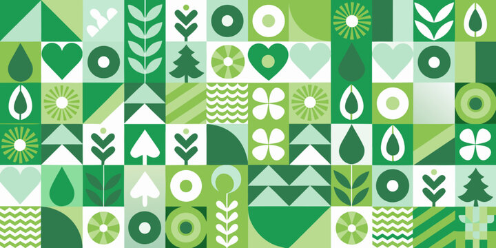 abstract geometric pattern with botanical and heart motifs