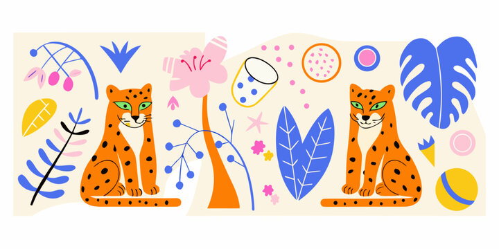 Stylized illustration of two orange leopards with floral and geometric elements