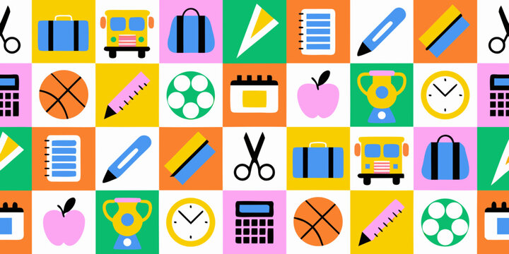 Colorful flat design grid of school supplies and objects