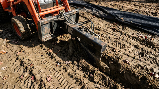 Tractor trenching through muddy soil | Excavating heavy ground for drainage | Compact tractor with subsoiler attachment | Landscape preparation and ground works