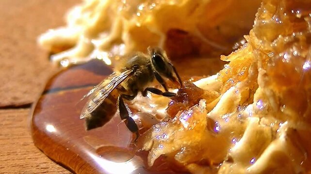 Bee collecting honey from a honeycomb on a wooden surface closeup