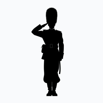 Royal guard silhouette in bearskin hat, saluting soldier vector icon, ceremonial military sentry figure, black and white infantryman graphic