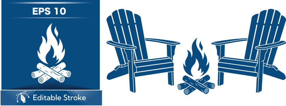 Blue adirondack chairs by a campfire on a white background