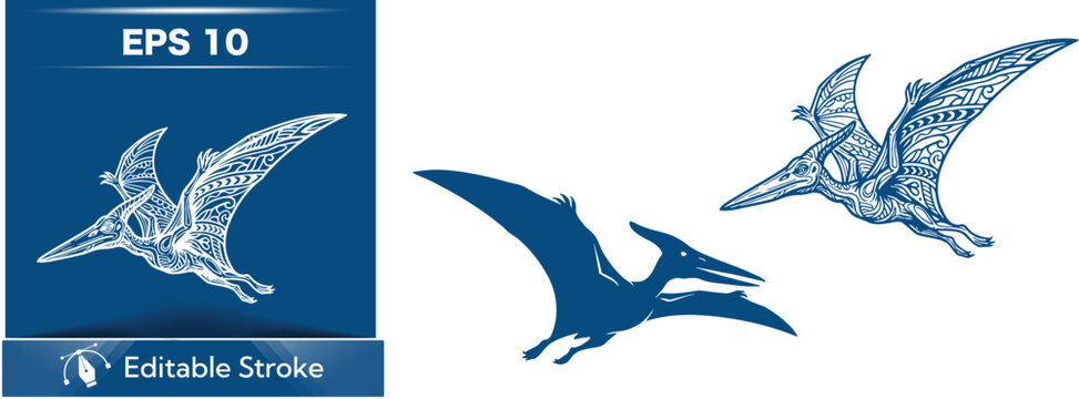 Flying pterosaurs in blue tones on white background