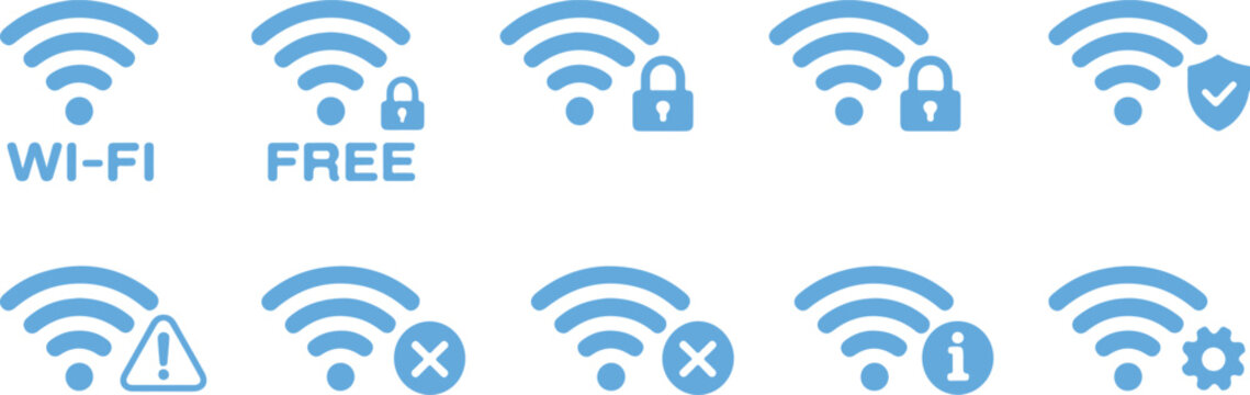 Collection of blue wi- fi signal with various symbols including text lock warning checkmark cross information and gear