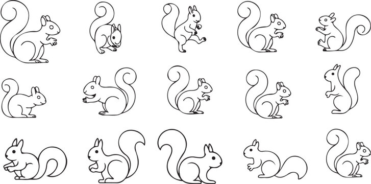 Collection of fifteen black and white line of squirrels in various poses and actions