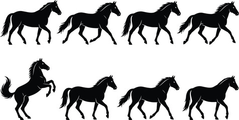 Fototapeta premium Running and Rearing Horse Silhouette Vector Set Featuring Stallions and Mustangs in Dynamic Poses for Equestrian Sports, Ranching, and Nature Themed Graphic Designs
