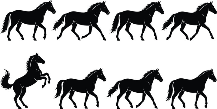 Running and Rearing Horse Silhouette Vector Set Featuring Stallions and Mustangs in Dynamic Poses for Equestrian Sports, Ranching, and Nature Themed Graphic Designs