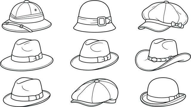 Vintage and Classic Hat Vector Line Art Collection Featuring Fedora, Cowboy, Pith Helmet, and Newsboy Cap Styles for Fashion Design and Apparel Accessories Graphics