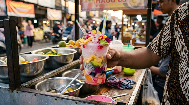 A hand holds a colorful cup of Es Buah, an Indonesian fruit cocktail, at a bustling street food market filled with fresh ingredients.