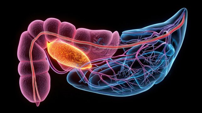 Pancreatitis 3D medical anatomy illustration, inflammation of human pancreas organ, acute and chronic pancreatic disorder, digestive system gland damage, gastrointestinal pathology, pancreatic enzyme 