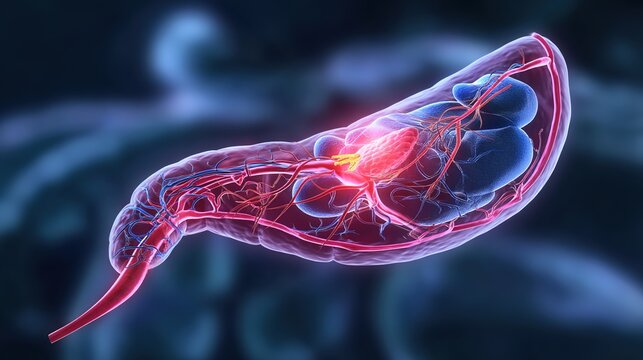 Pancreatitis 3D medical anatomy illustration, inflammation of human pancreas organ, acute and chronic pancreatic disorder, digestive system gland damage, gastrointestinal pathology, pancreatic enzyme 