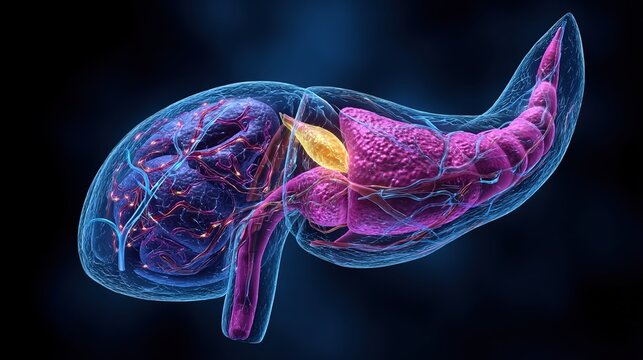 Pancreatitis 3D medical anatomy illustration, inflammation of human pancreas organ, acute and chronic pancreatic disorder, digestive system gland damage, gastrointestinal pathology, pancreatic enzyme 