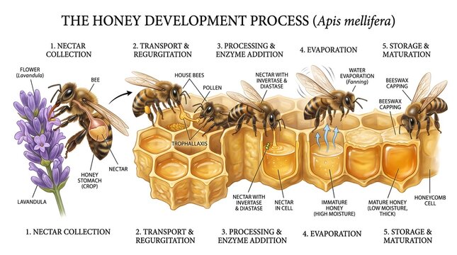 The Honey Development Process in Apis mellifera: Detailed Scientific Cutaway Showing Nectar Collection, Transport, Enzyme Addition, Cell Deposition, Gradual Evaporation, Honey Ripening, and Final Capp