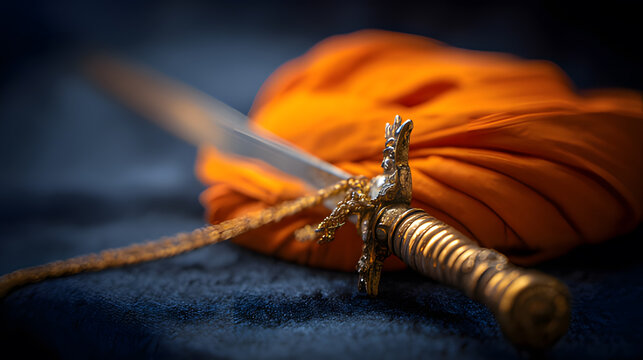kirpan. Golden dagger beside an orange turban, symbolic still life. event programs, museum guides, cultural reports, designed for cultural heritage projects and event programs, used by chefs.