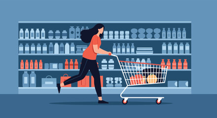 Energetic woman running with a shopping cart through a grocery store aisle stocked with various food products and drinks on shelves. © MS