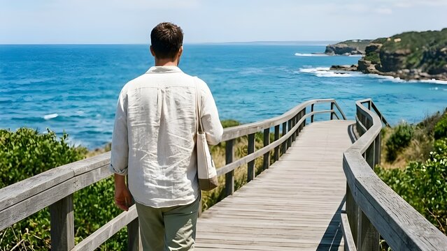 푸른 바다 옆 나무 데크 산책로를 유유히 걸어가는 남자의 뒷모습
Back View of Man Leisurely Walking on Wooden Deck Path Along Blue Ocean