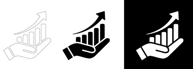 Naklejka premium Hand holding bar graph with upward trending arrow in outline solid and negative space