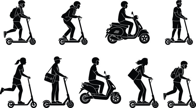People riding scooters and motorbikes illustration isolated on white background, Vector