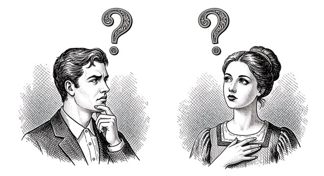 Man and woman with question marks above heads, thinking, in retro illustration style