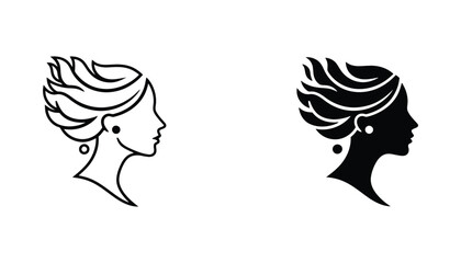 Elegant woman profile portrait icon set featuring flowing hair and jewelry in outline and solid black silhouette styles for beauty branding © Opulent