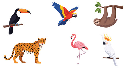 Obraz premium Exotic tropical animal collection featuring a colorful macaw, toucan, flamingo, leopard, sloth, and a white cockatoo parrot.