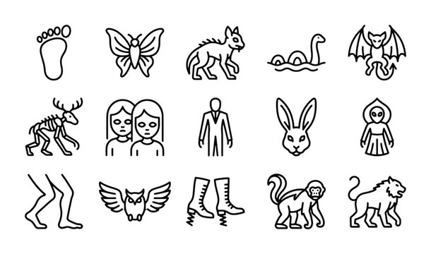 Mythical Creatures & Cryptids Icons Set, Folklore Legends Vector Graphics, Mysterious Beings Collection
