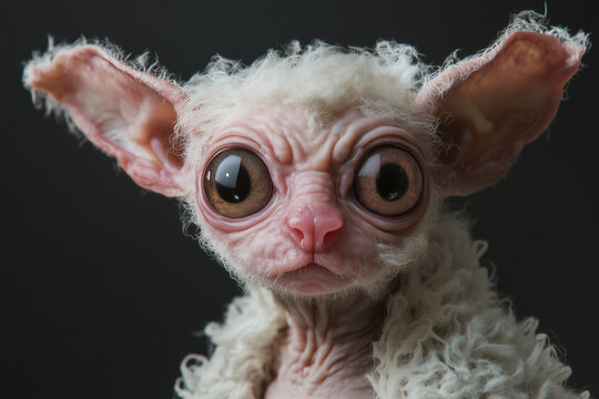 animal art, cat with white fur, albino cat, ugly, hairless allien cat with large eyes, closeup, pink skin and nose, black background, photorealistic