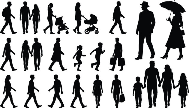 Large collection of diverse people silhouettes walking and standing including families with strollers shopping couples and children isolated on white