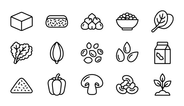 Plant-Based Food Icons: Vegan Ingredients, Healthy Nutrition, Vegetarian Diet Vector Set