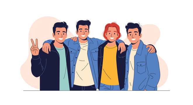 Young men in denim jackets hugging each other and smiling while standing together in a friendly embrace against a soft colored background.