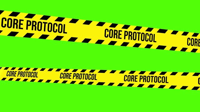 Core Protocol Barrier: Eye-level perspective of a vibrant yellow caution tape marked with CORE PROTOCOL, stretching across the frame, creating a visual barrier, warning.