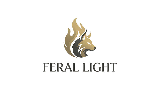 Feral light logo with wolf head and flame design isolated on white background