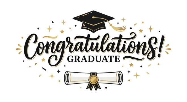 Elegant Congratulations Graduate Calligraphy Text with Black Graduation Cap, Diploma Scroll and Gold Star Decoration &mdash; Classic Black and Gold Style Vector