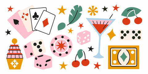 Casino game elements illustration with playing cards dice and cherries © Savankar