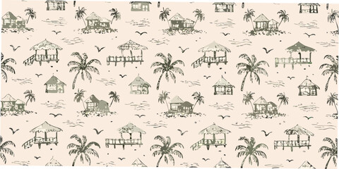 Tropical island huts and palm trees seamless pattern hand drawn style © Savankar
