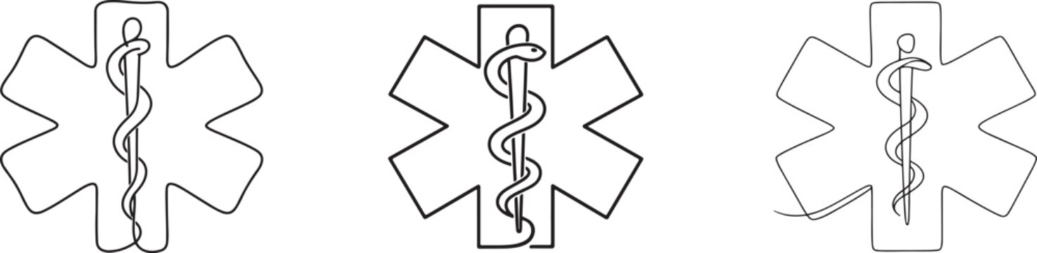 Star of Life icon in continuous line style with medical rod and emergency care concept