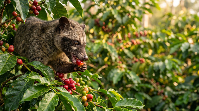 Asian palm civet (luwak) eating ripe red coffee cherries on a tree branch in a lush tropical coffee plantation.