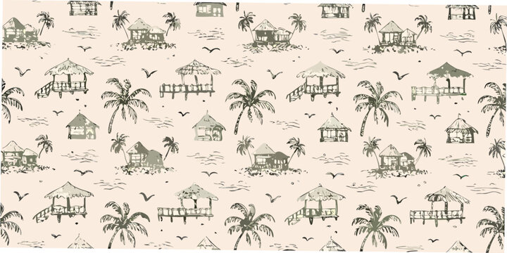 Tropical island huts and palm trees seamless pattern hand drawn style