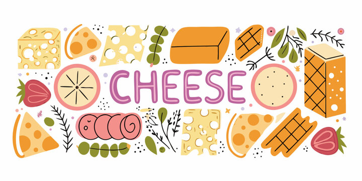Cheese lettering with various cheese types and floral elements