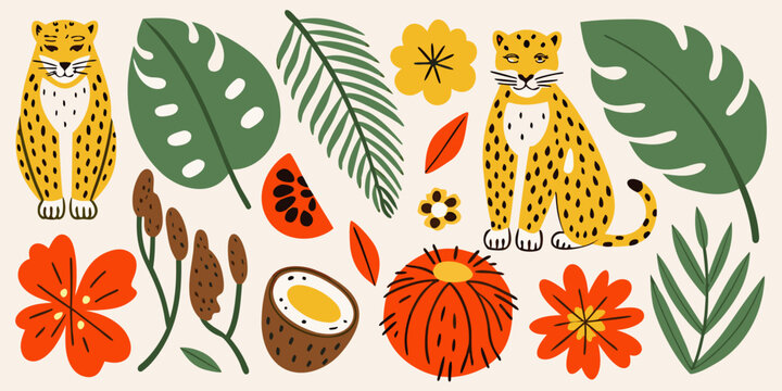 Tropical flora and fauna illustration with leopards leaves and fruits