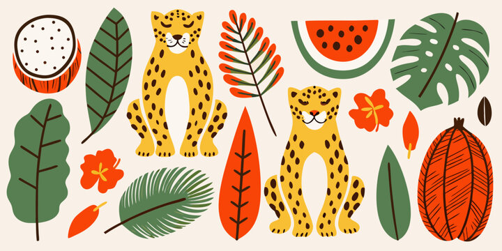 Tropical illustration with jaguars leaves and fruit colorful vector style