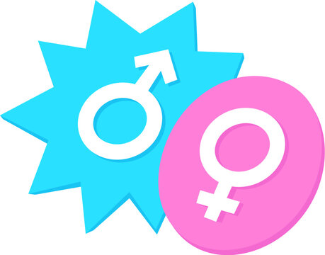 Male and female gender icons on pink and blue background, cute comic style drawing. Vector clipart illustration.
